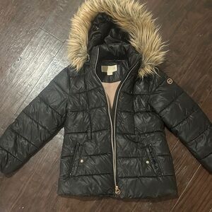 Michael Kors black puffer coat faux fur trim girls 7/8 pink lined